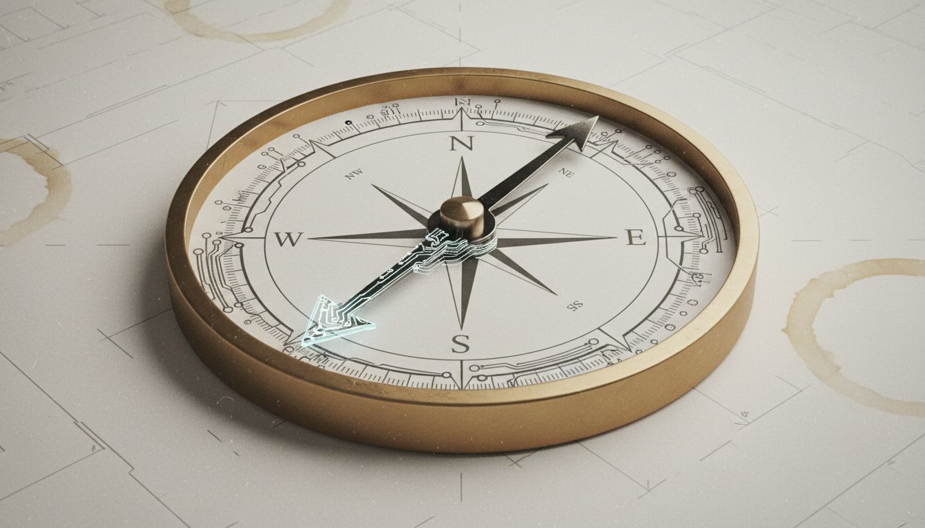Illustration of a compass pointing away from conventional north, suggesting unconventional direction