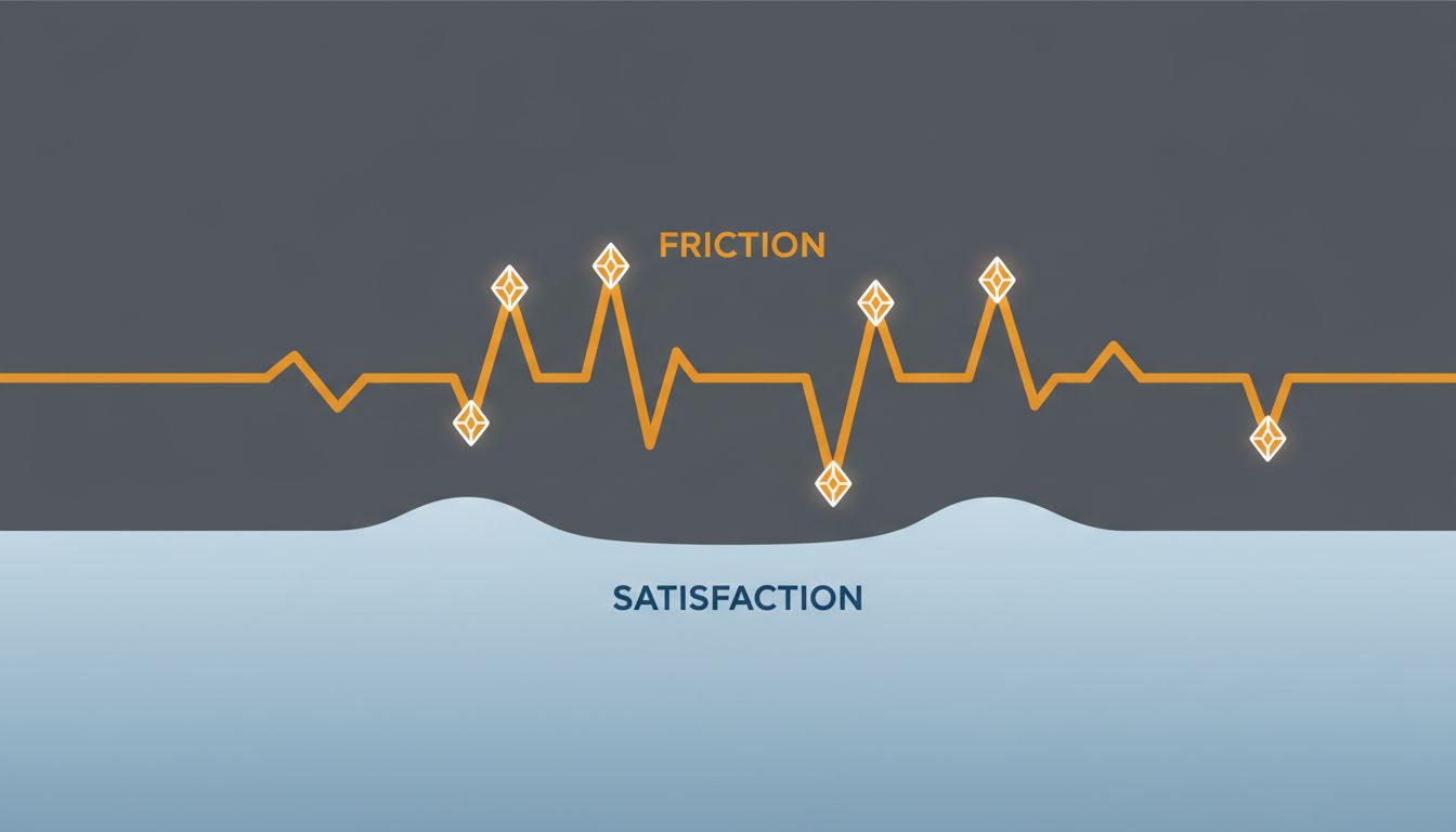 Abstract illustration contrasting flat satisfaction signals with jagged friction signals that contain hidden value