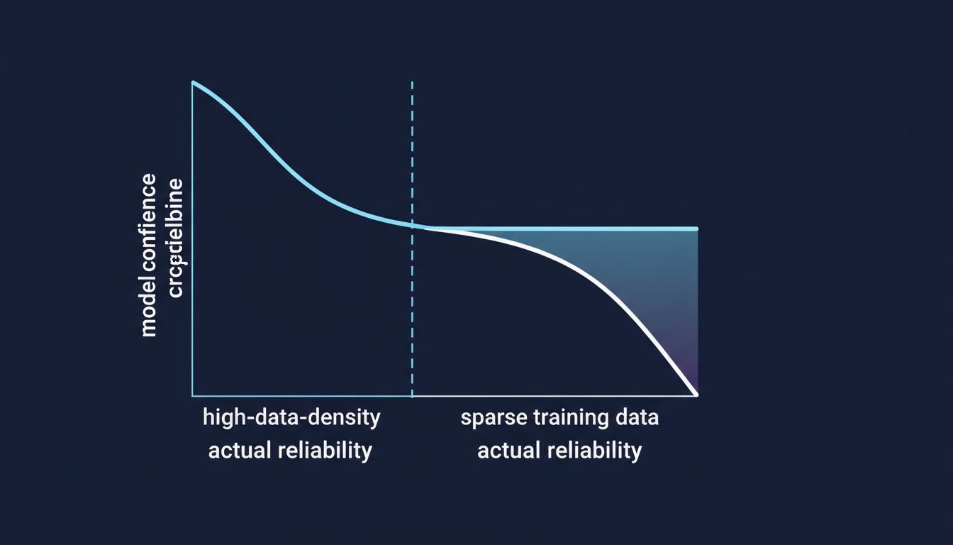 Diagram showing model confidence staying high while actual reliability drops in low-data regions