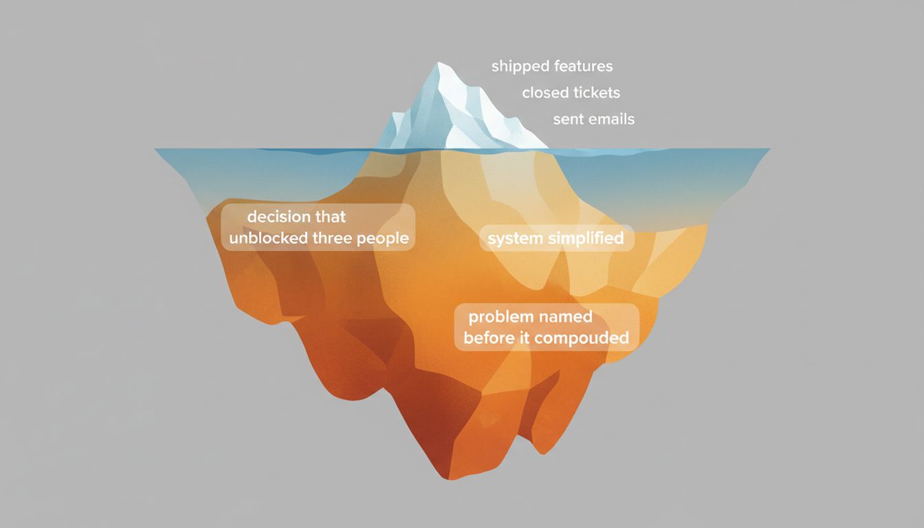 Iceberg diagram showing visible productivity above the waterline and high-leverage invisible work below