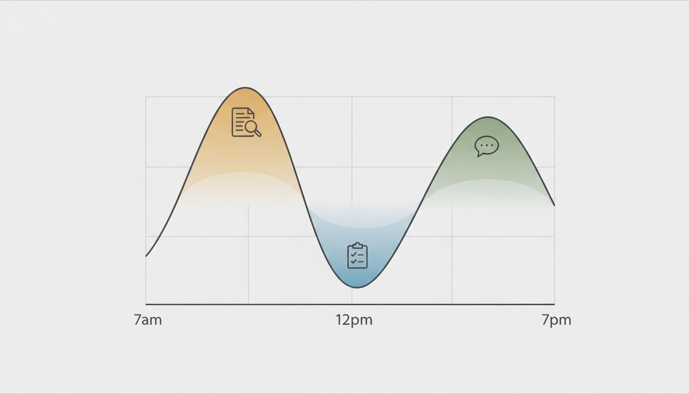 Diagram showing a daily cognitive energy curve with peak, trough, and recovery zones mapped to different task types