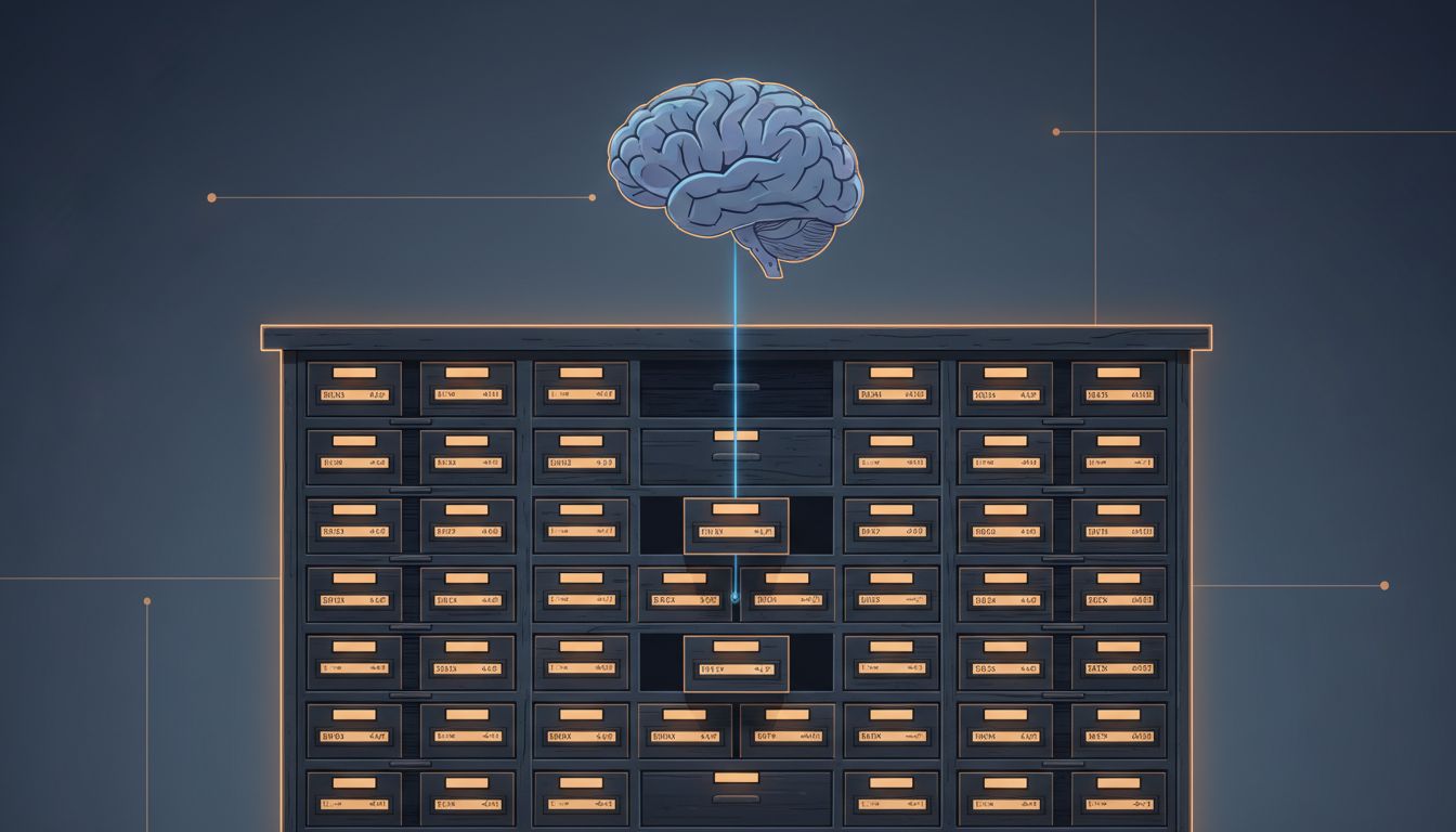 Illustration of a large filing cabinet overshadowing a small, faded human brain connected by a wire
