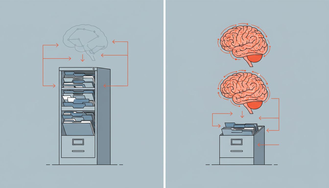 Diagram showing brain offloading to external system versus brain retaining knowledge with external system as backup