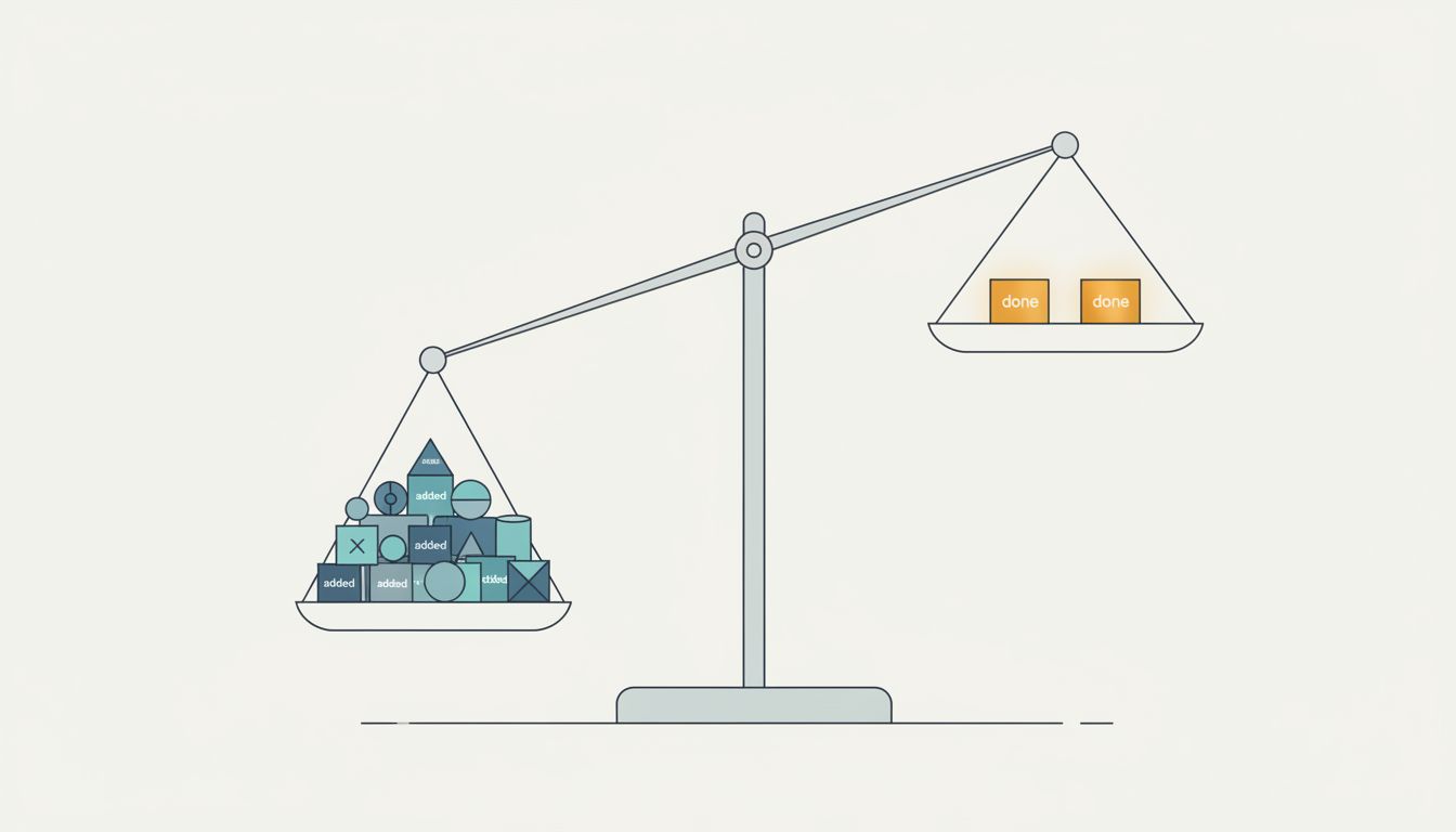 A balance scale tilted heavily toward tasks added versus tasks completed