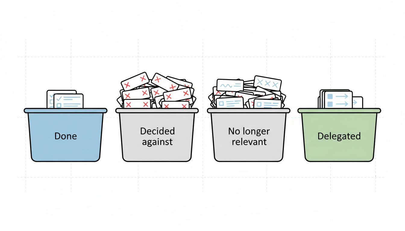 A taxonomy diagram of four categories for deleted tasks: Done, Decided against, No longer relevant, and Delegated
