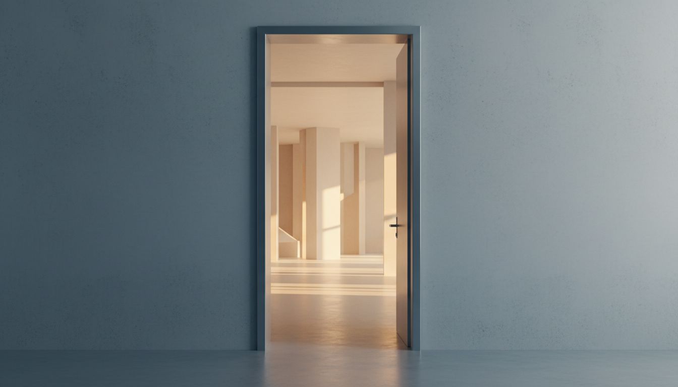 A narrow doorway opening into a large, well-lit room, illustrating selective filtering leading to better outcomes
