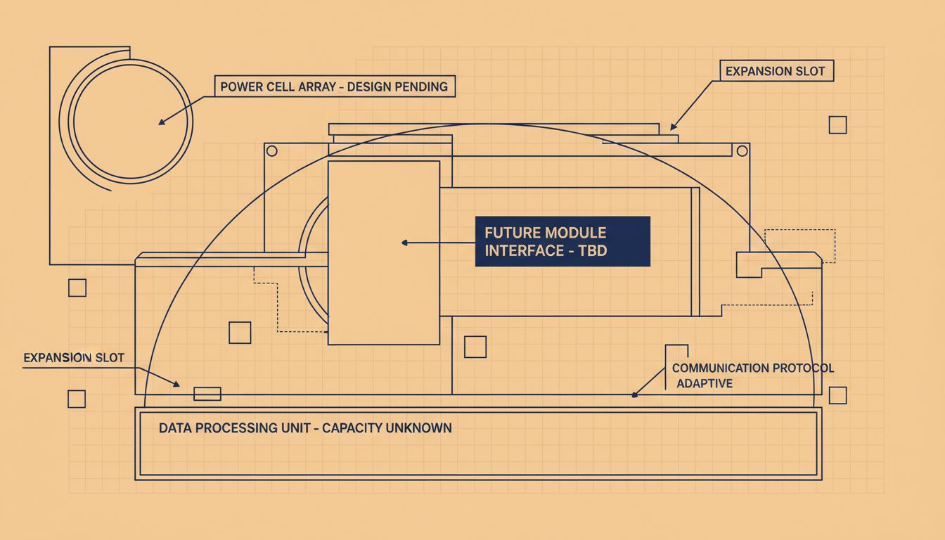 Architectural blueprint with clearly marked gaps and honest labels indicating what is not yet built