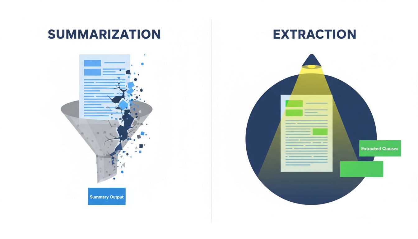 Diagram contrasting open-ended summarization (items falling through a funnel) versus targeted extraction (spotlight on specific clauses)