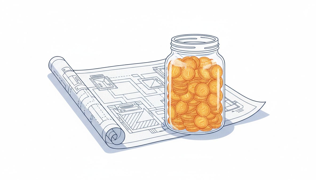 A finished jar of coins resting on an unfinished blueprint, illustrating payment before product