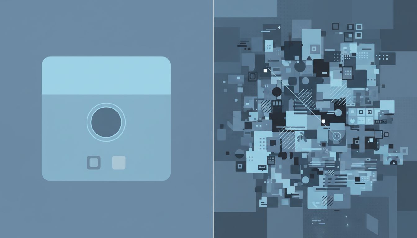 Illustration contrasting a clean minimal interface with a bloated feature-heavy one