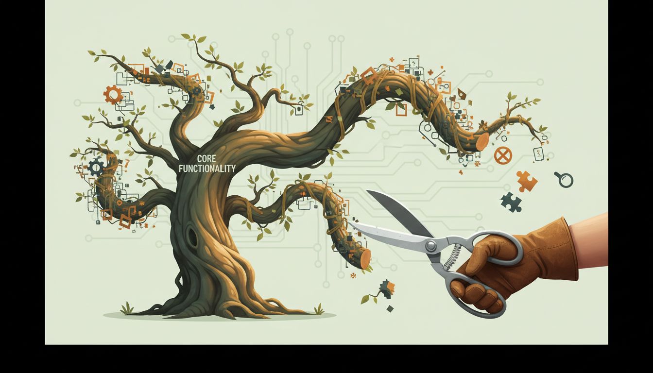 Illustration of a product feature tree being pruned, representing deliberate feature removal