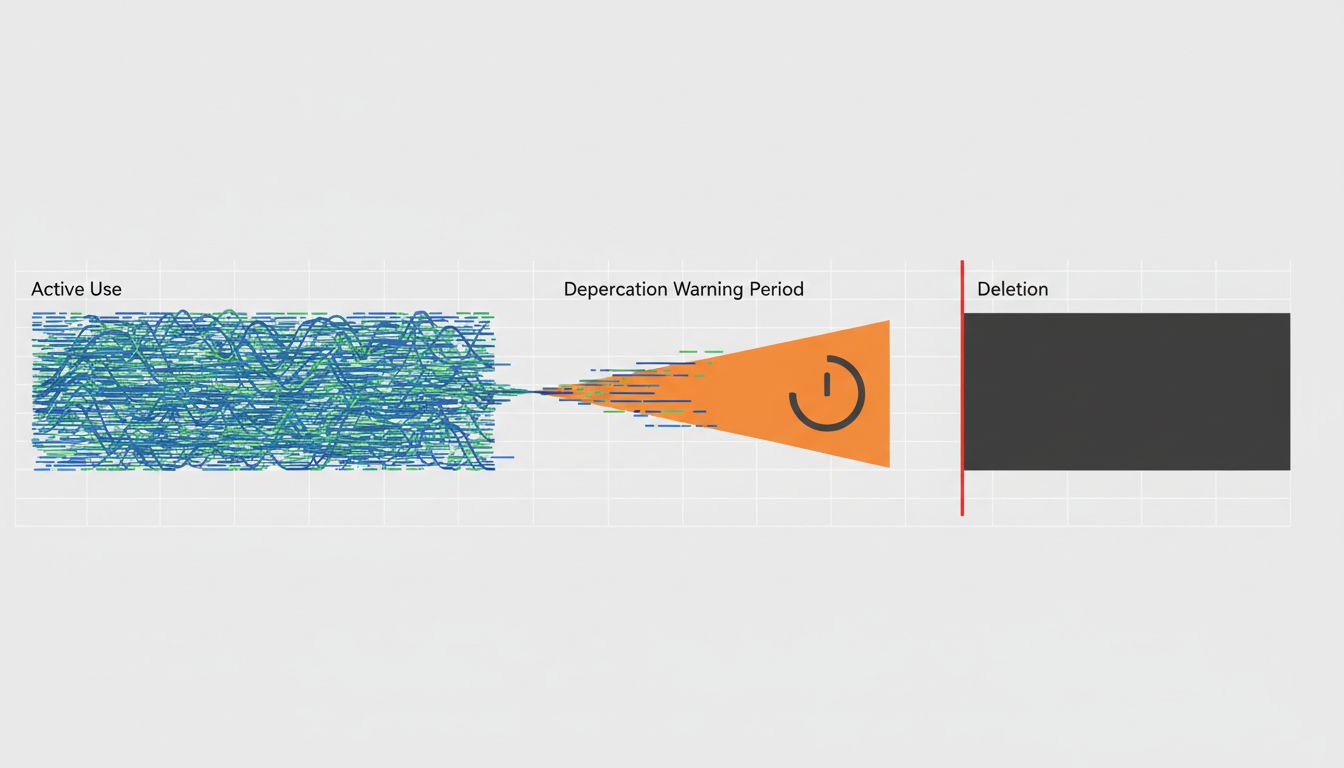 Timeline diagram illustrating the phases of feature deprecation from active use through removal