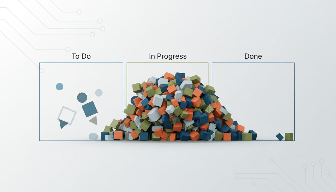 Abstract workflow diagram showing an overloaded work-in-progress column and an empty done column