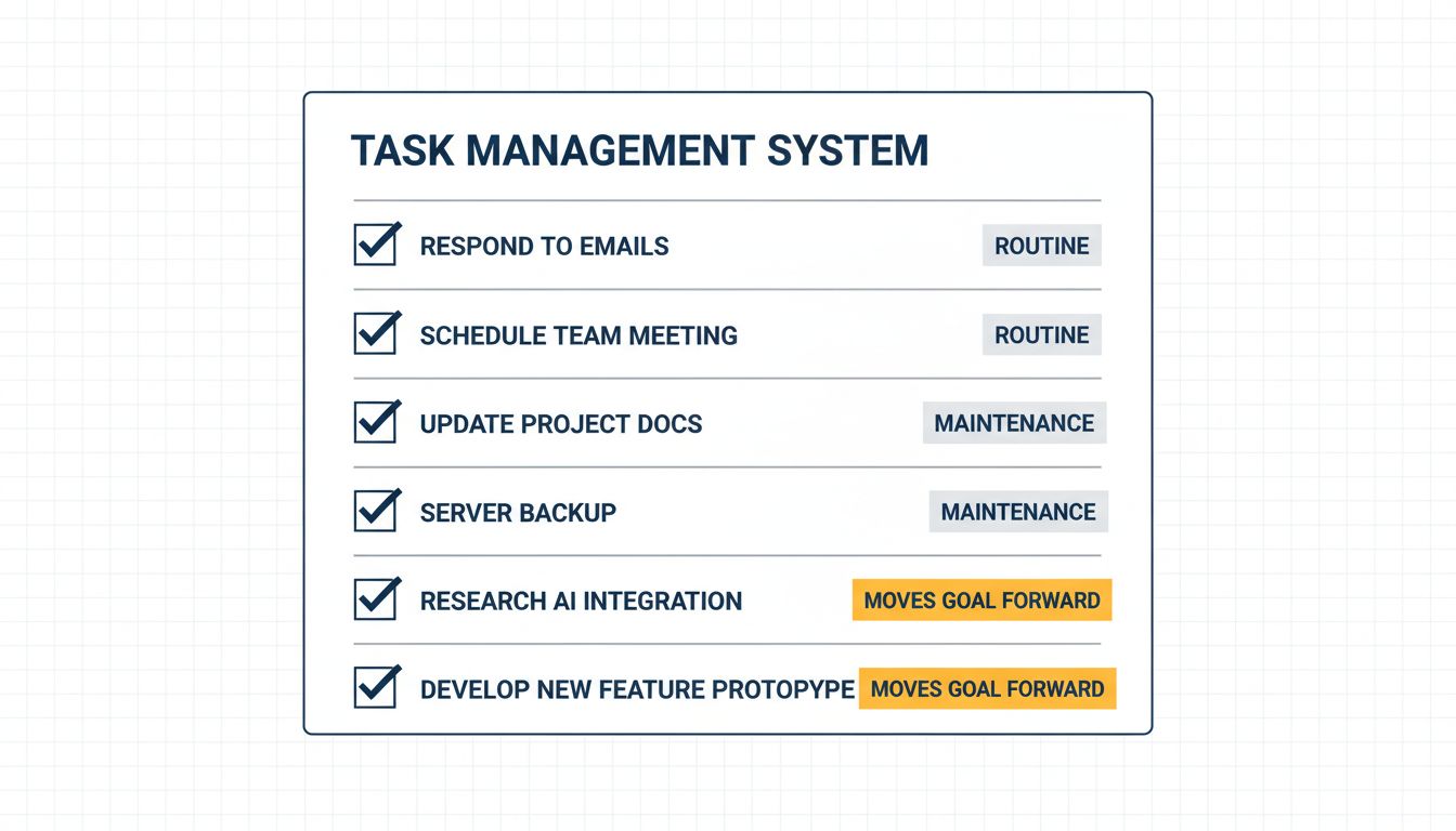 Illustration of a to-do list with items labeled by type, showing goal-advancing tasks buried at the bottom