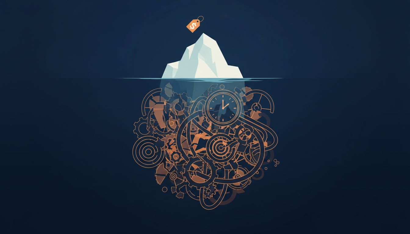 Iceberg illustration showing small visible cost above water and massive hidden costs below