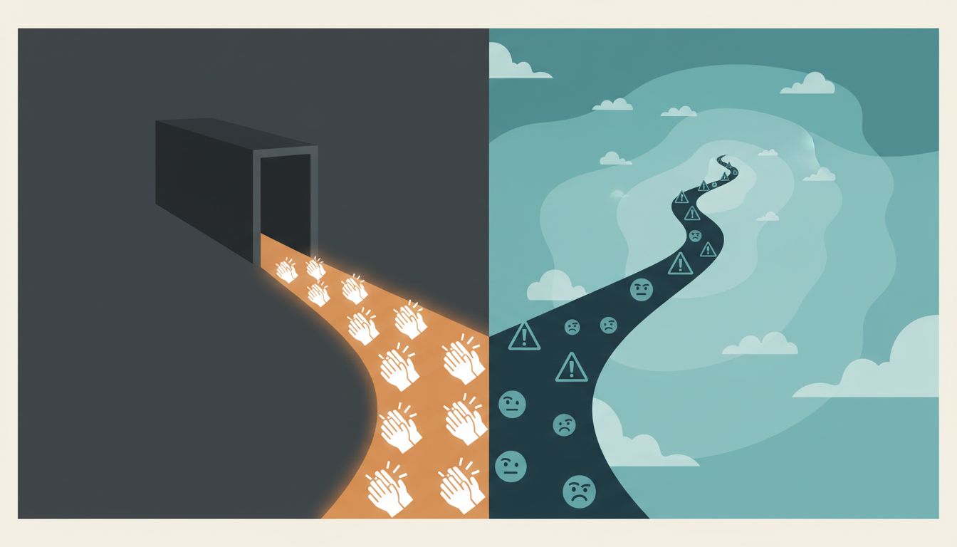 Abstract illustration of two diverging paths, the obvious one leading to a dead end and the unlikely one leading upward