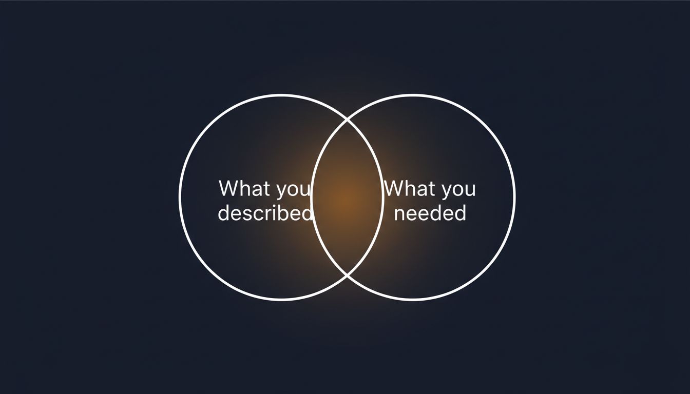 Diagram showing the gap between what you described to an AI and what you actually needed