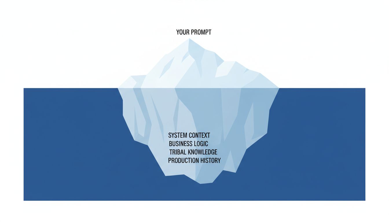 Iceberg diagram showing how much system context exists below the surface of any code prompt