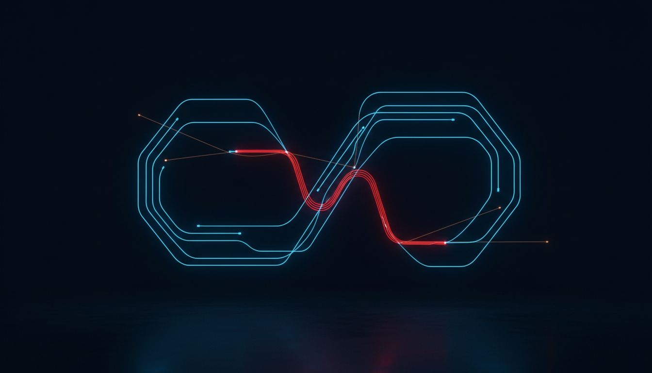 Abstract diagram showing a rare error path in a state machine, highlighted in red among many normal blue paths