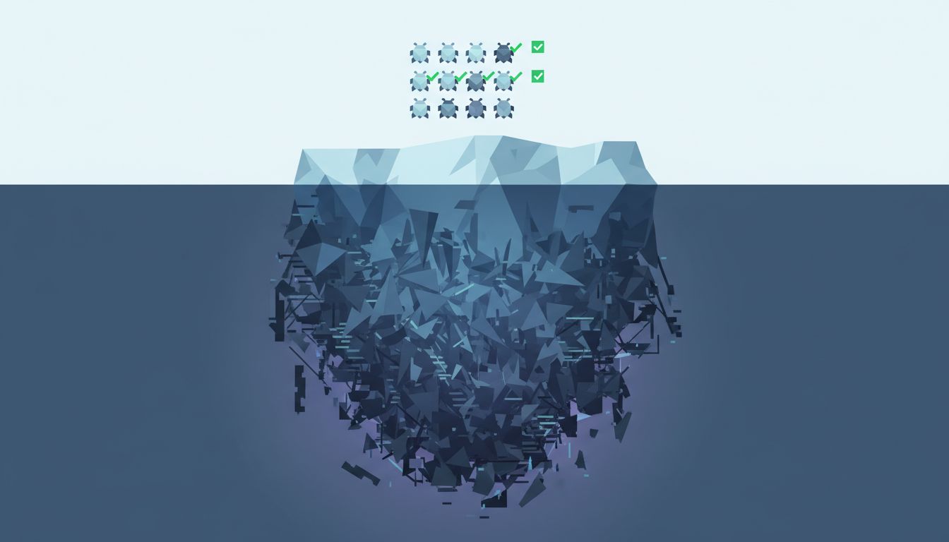 Iceberg illustration showing a small number of filed bugs above the waterline and a massive tangle of unfiled problems below