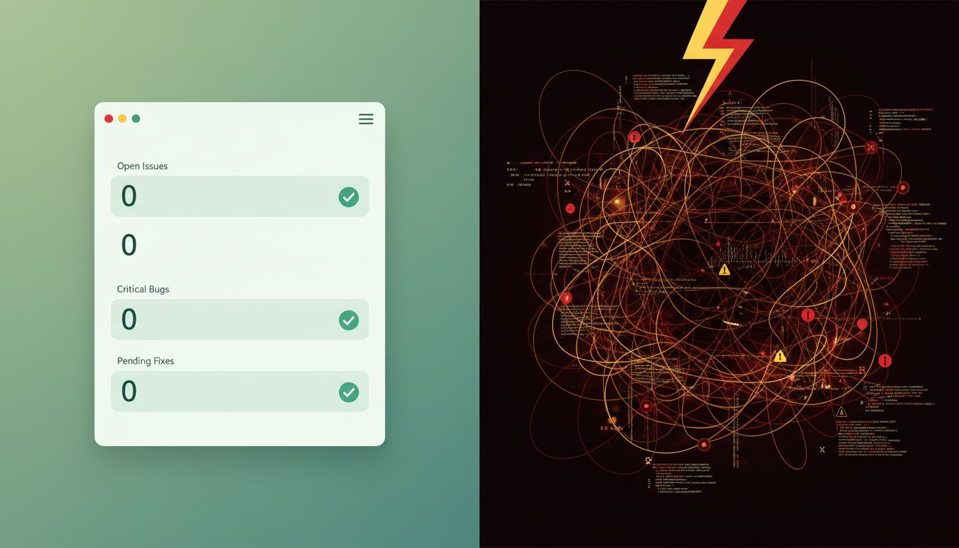 Side-by-side illustration contrasting a clean empty bug tracker with a complex, problem-ridden codebase visualization