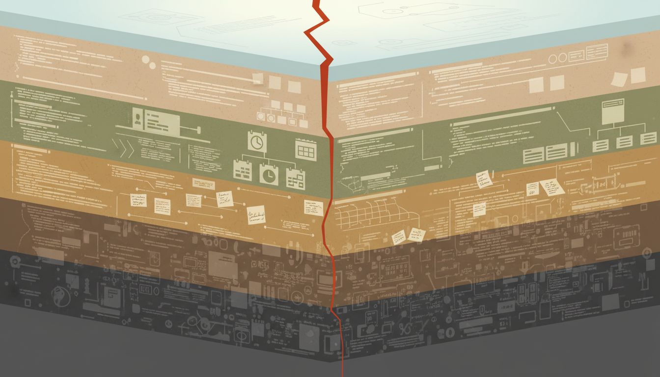 Cross-section illustration showing layers of technical decisions stacked like geological strata, with a crack running through them representing a software bug