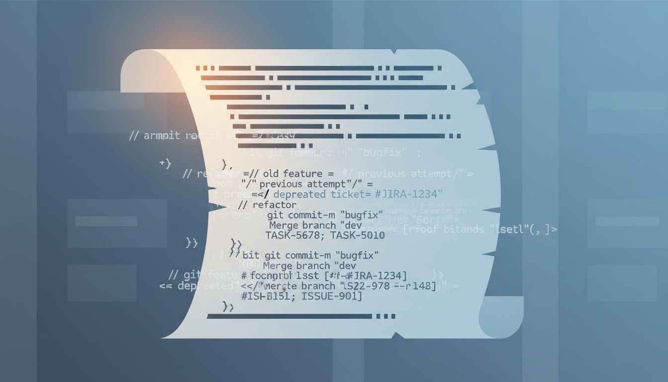 Illustration of a palimpsest document with layers of overwritten text, representing how code accumulates layers of decisions that obscure the original intent