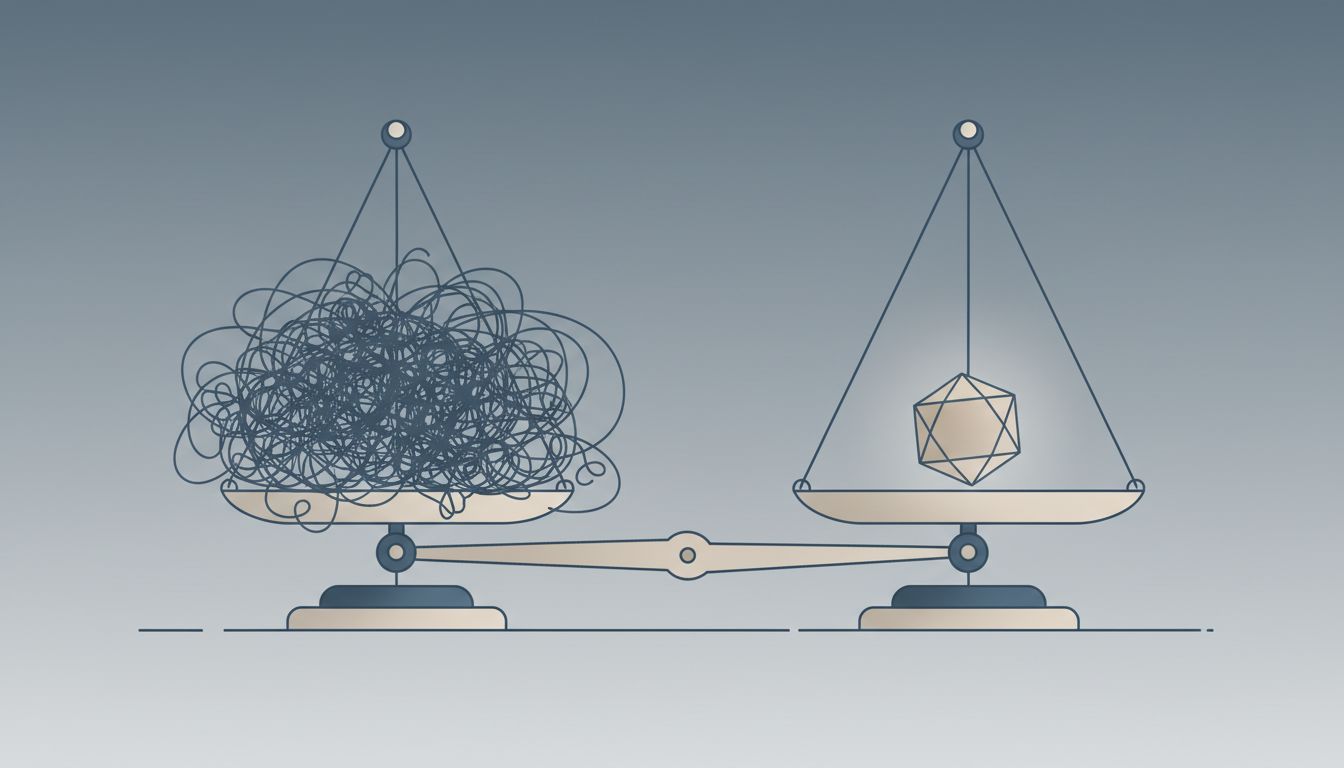 Balance scale illustration contrasting code volume against the weight of a single precise engineering judgment