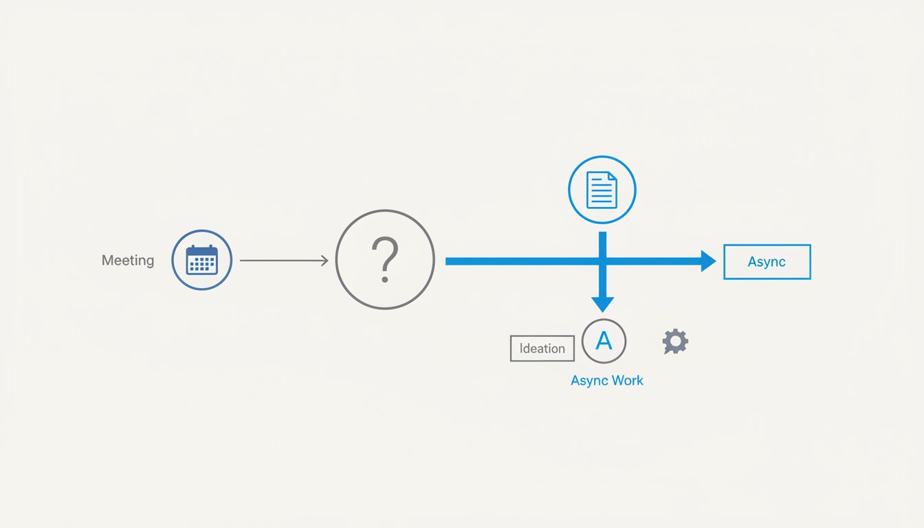 Decision tree diagram comparing meeting versus async communication paths, with async path continuing to branch and grow