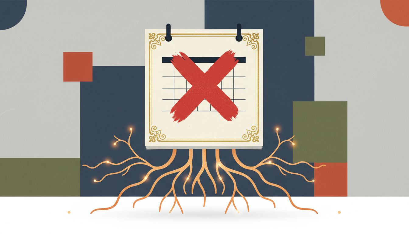 A cancelled calendar meeting with energy radiating outward into open space