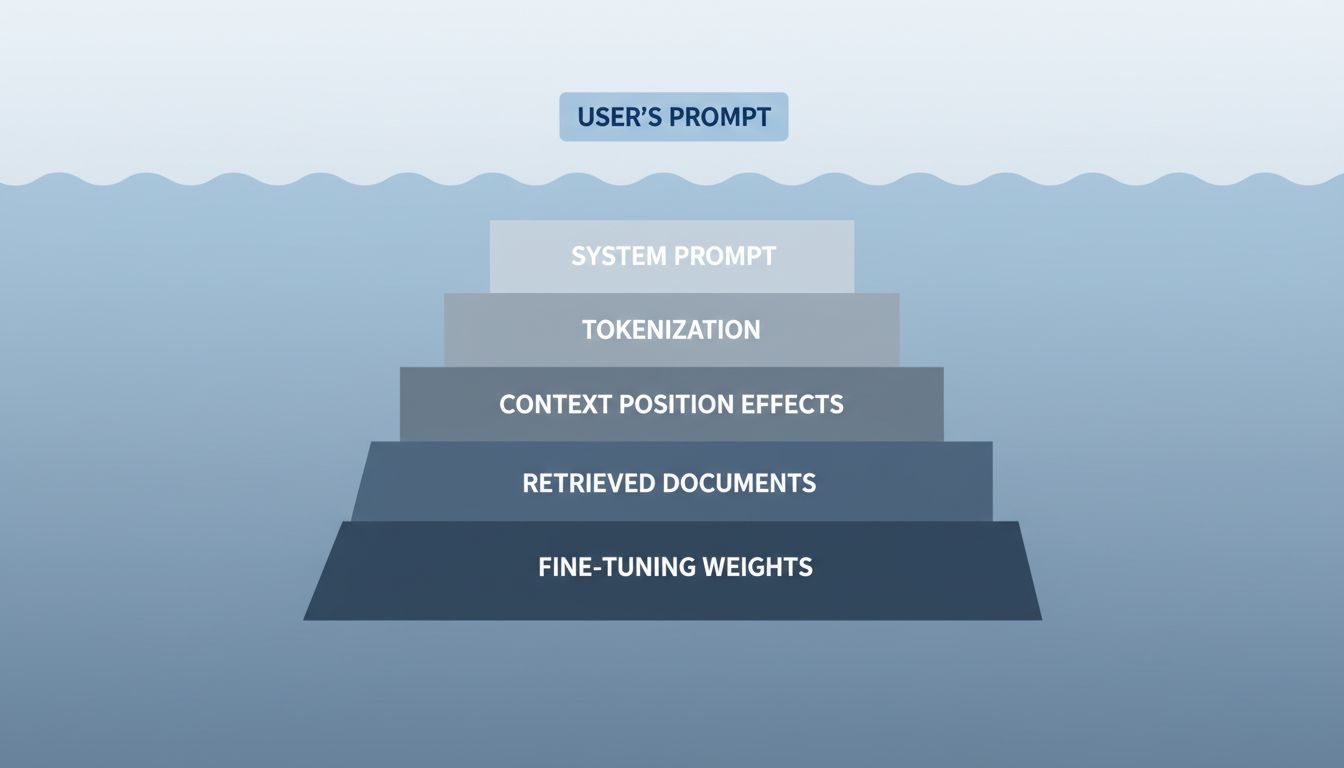 Iceberg diagram showing the user's visible prompt as a small tip above water, with system prompts, retrieval layers, and model training forming the much larger invisible portion below