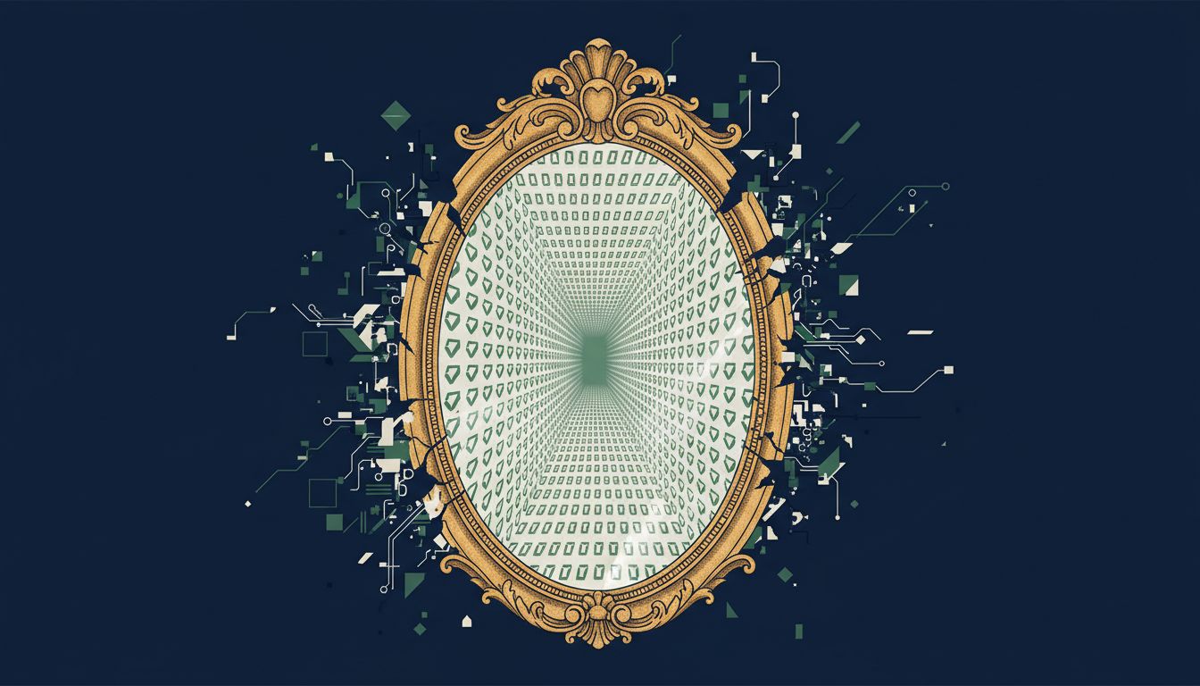 A mirror reflecting green checkmarks while hiding a distorted reality beyond its frame