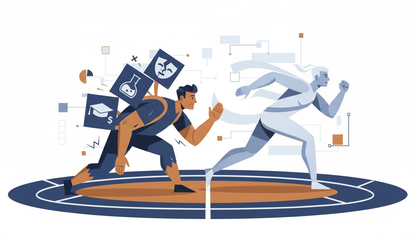 Illustration of a burdened first-mover runner being overtaken by a lighter, faster second-mover runner