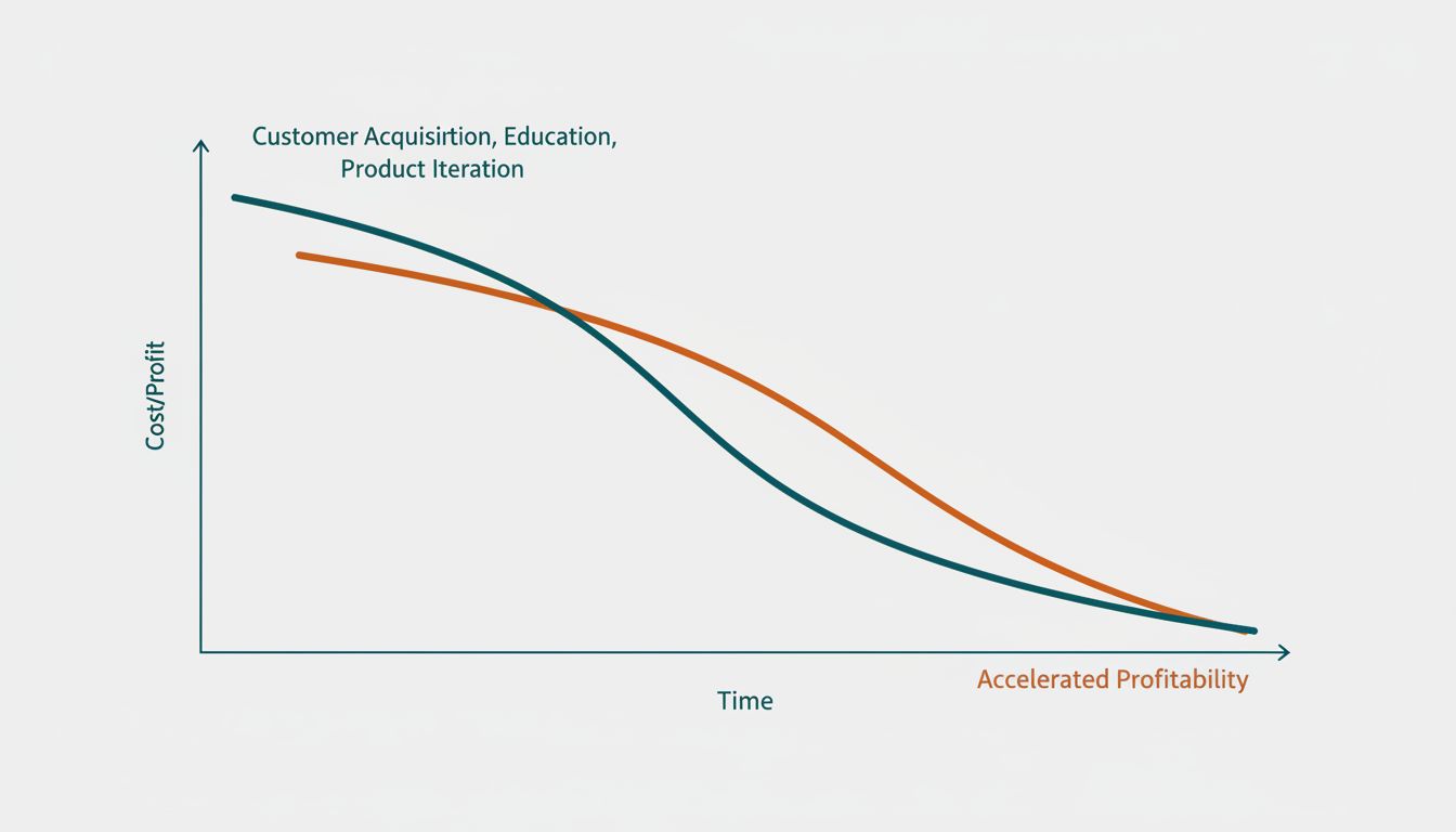 Diagram comparing cost curves of first-mover versus second-mover market entry over time