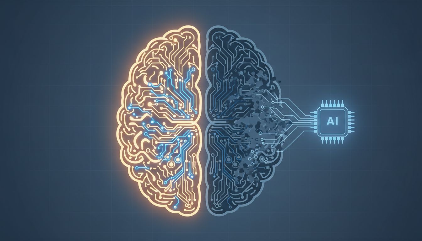 Illustration of a brain with one half glowing with active neural patterns and the other half dimming as an AI chip absorbs its knowledge