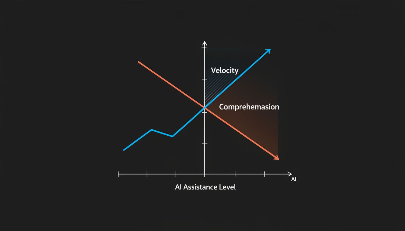 Chart showing velocity increasing and comprehension decreasing as AI assistance level rises, with the lines crossing in an X