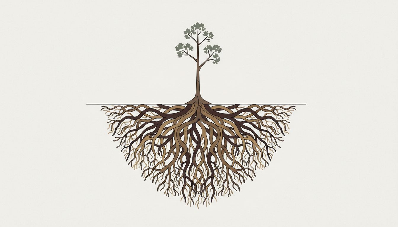 Illustration showing a small tree with an extensive underground root system, symbolizing deep foundations before visible growth