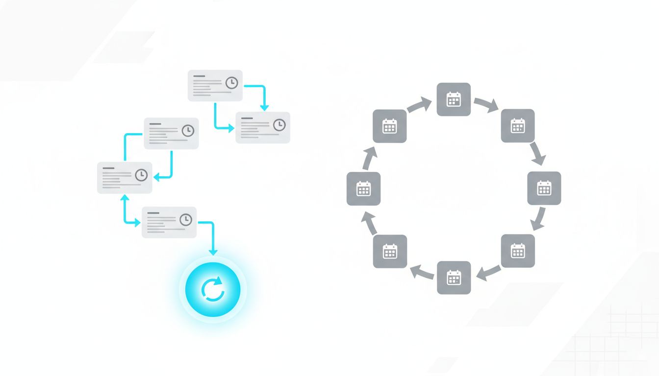 Illustration comparing async decision chains that resolve versus meeting loops that repeat