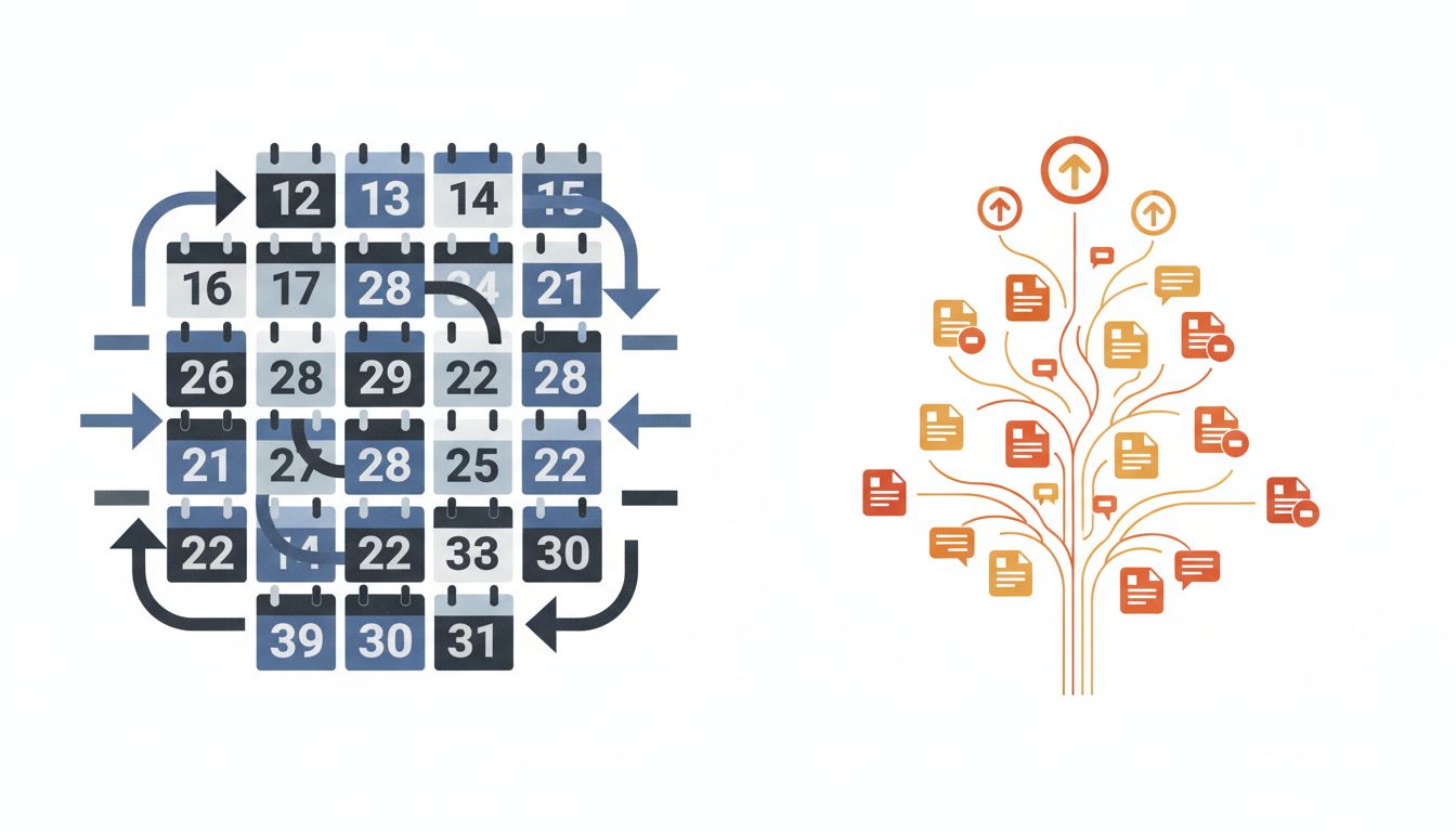Diagram contrasting scheduled meeting loops with async communication branching toward outcomes