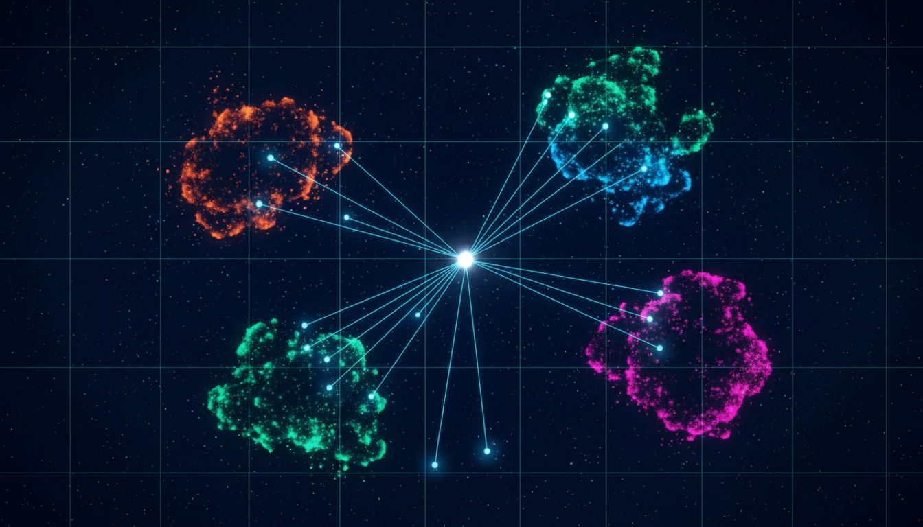 Abstract illustration of points clustered in high-dimensional vector space with a query point finding its nearest neighbors