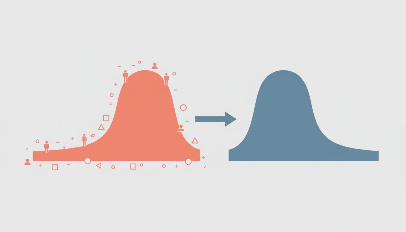 Two probability distribution curves showing a wide irregular distribution narrowing into a tall smooth one with truncated tails, illustrating how model collapse eliminates rare but valid outputs