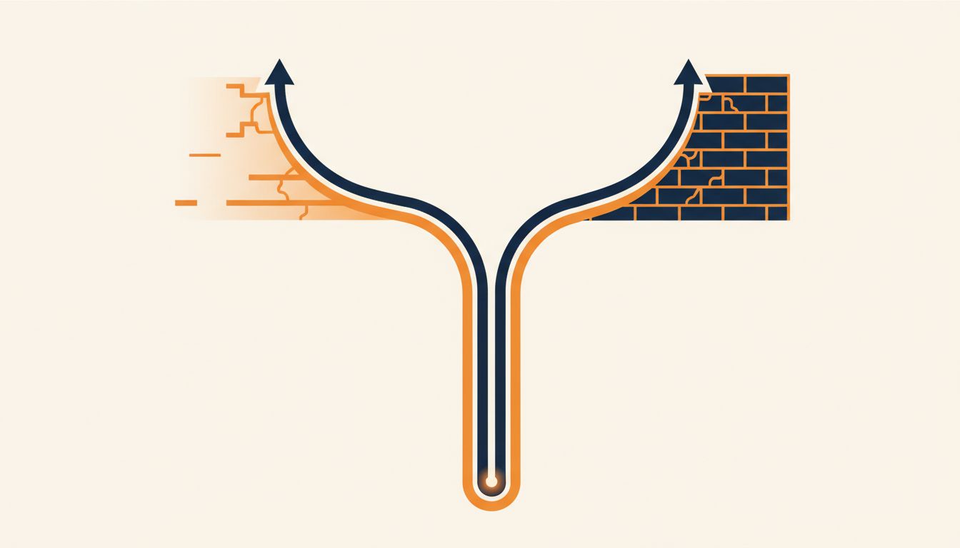 Two product trajectories diverging from the same starting point, one leading to scale and one to a strategic dead end