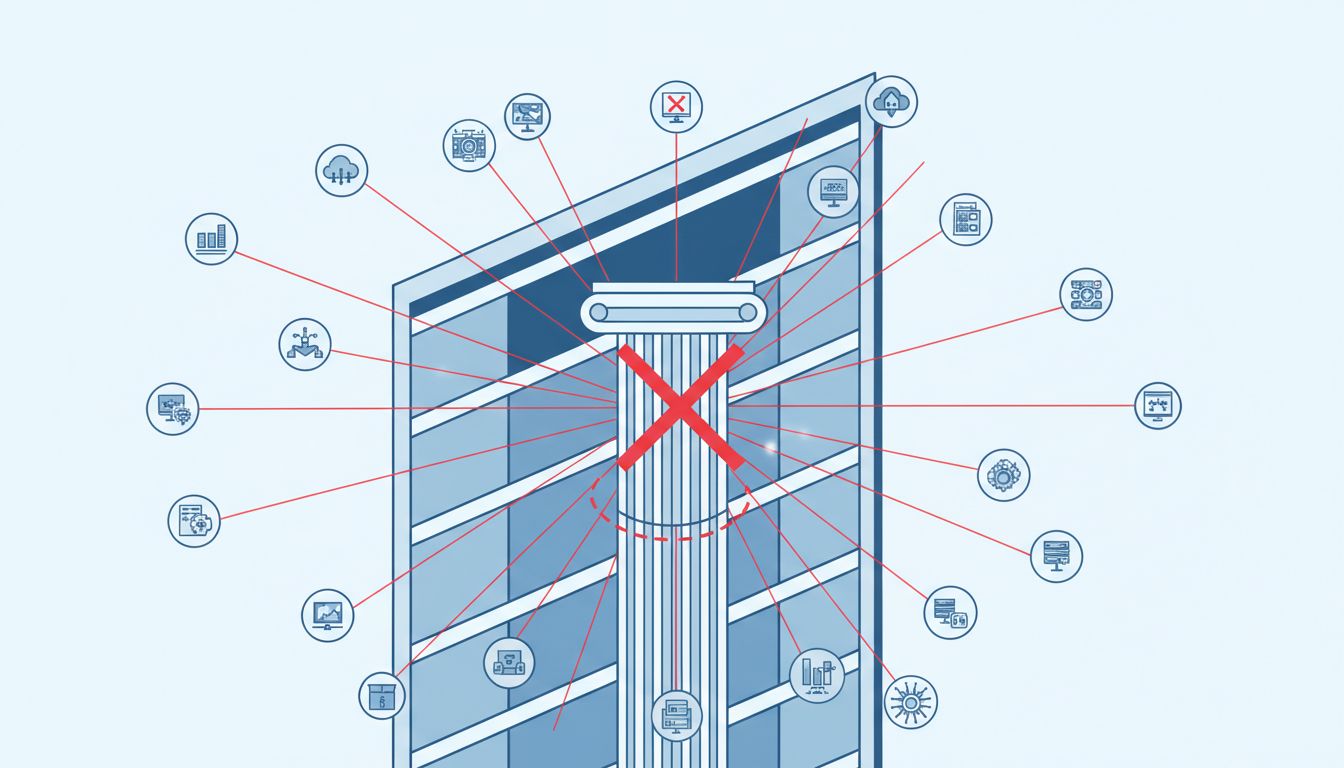 Abstract diagram showing a database column with hidden connections to many dependent systems