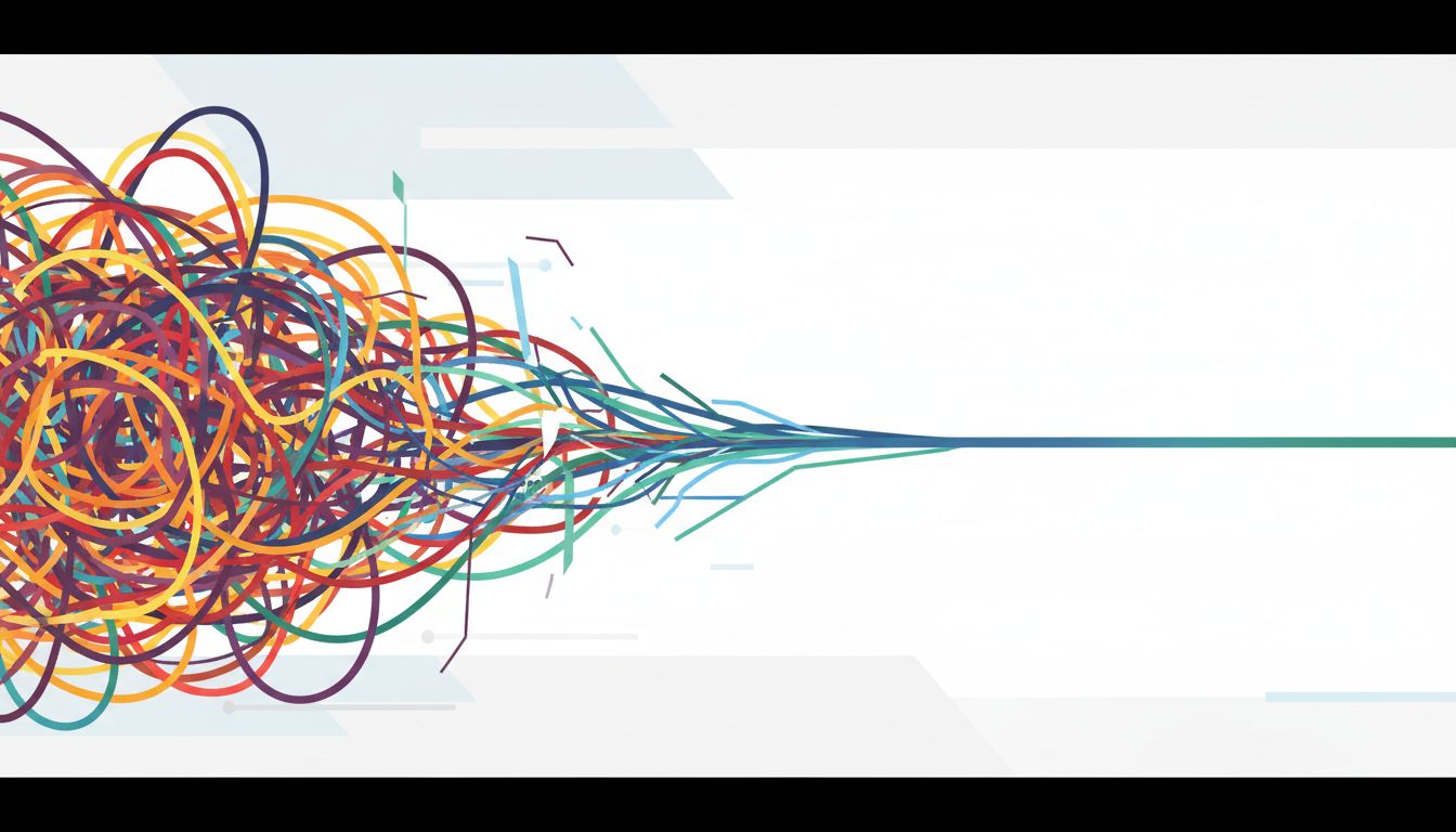 Abstract illustration showing complex tangled code paths simplifying into a single clean line