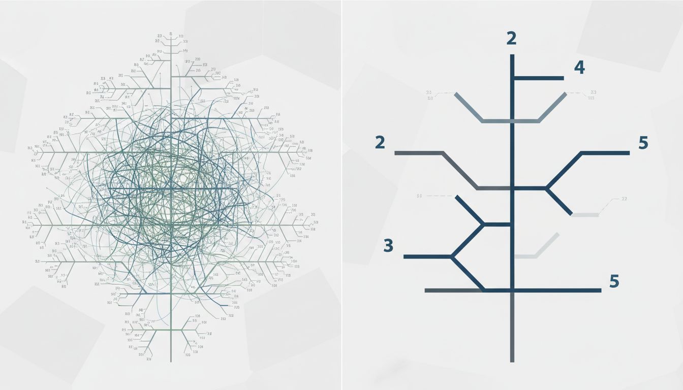 Diagram showing how binary code branches multiply exponentially versus a pruned minimal decision tree