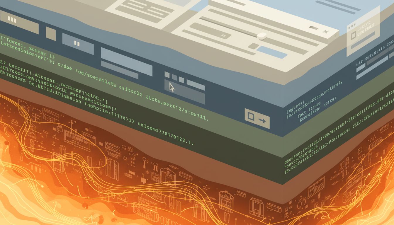 Cross-section illustration showing layers of software eras, with the oldest layers glowing brightest