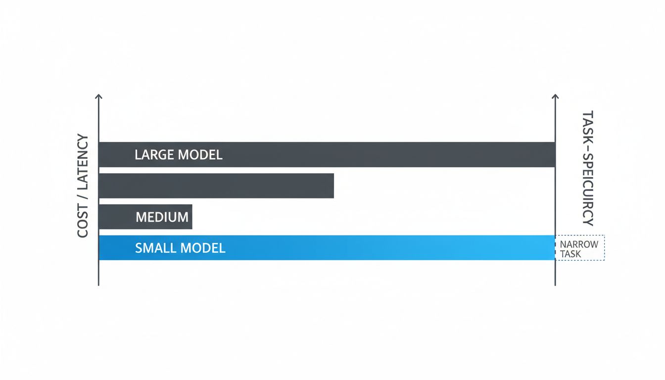 Diagram comparing model size against cost and task-specific accuracy, showing smaller models outperforming on narrow tasks