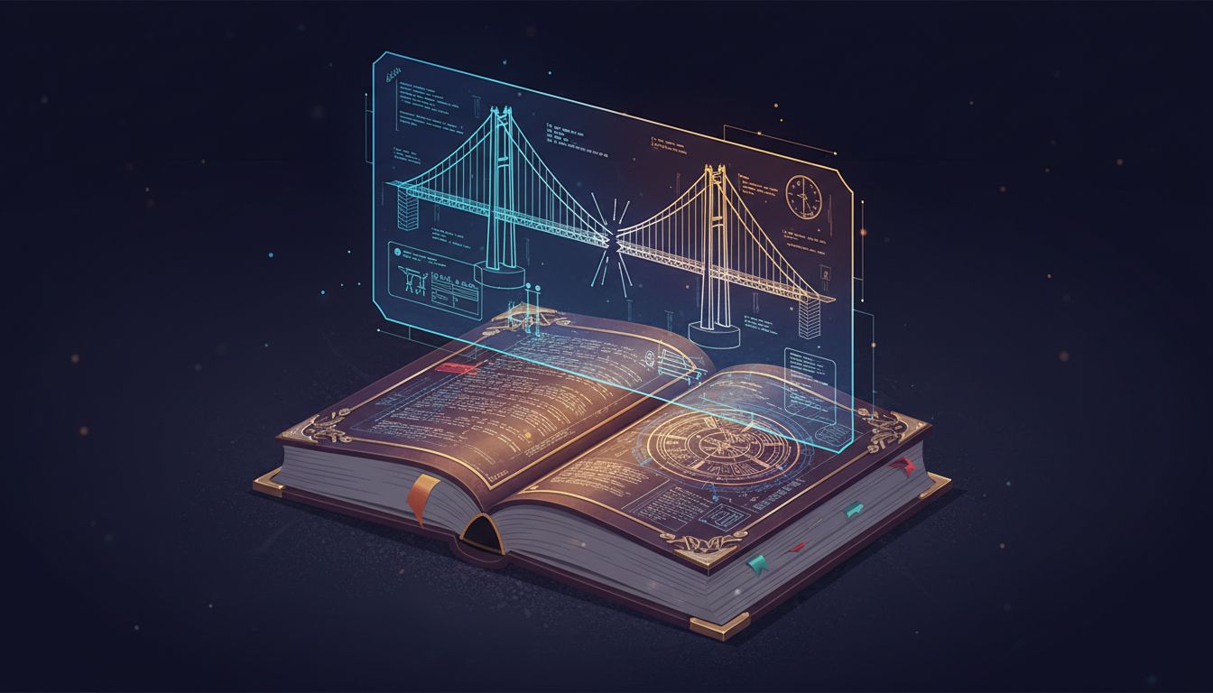 An ornate book with floating architectural plans above it containing a subtle structural flaw