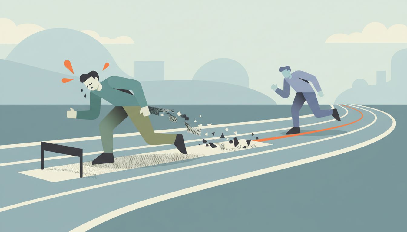 Illustration of a first runner laying track while a second runner follows on the clear path