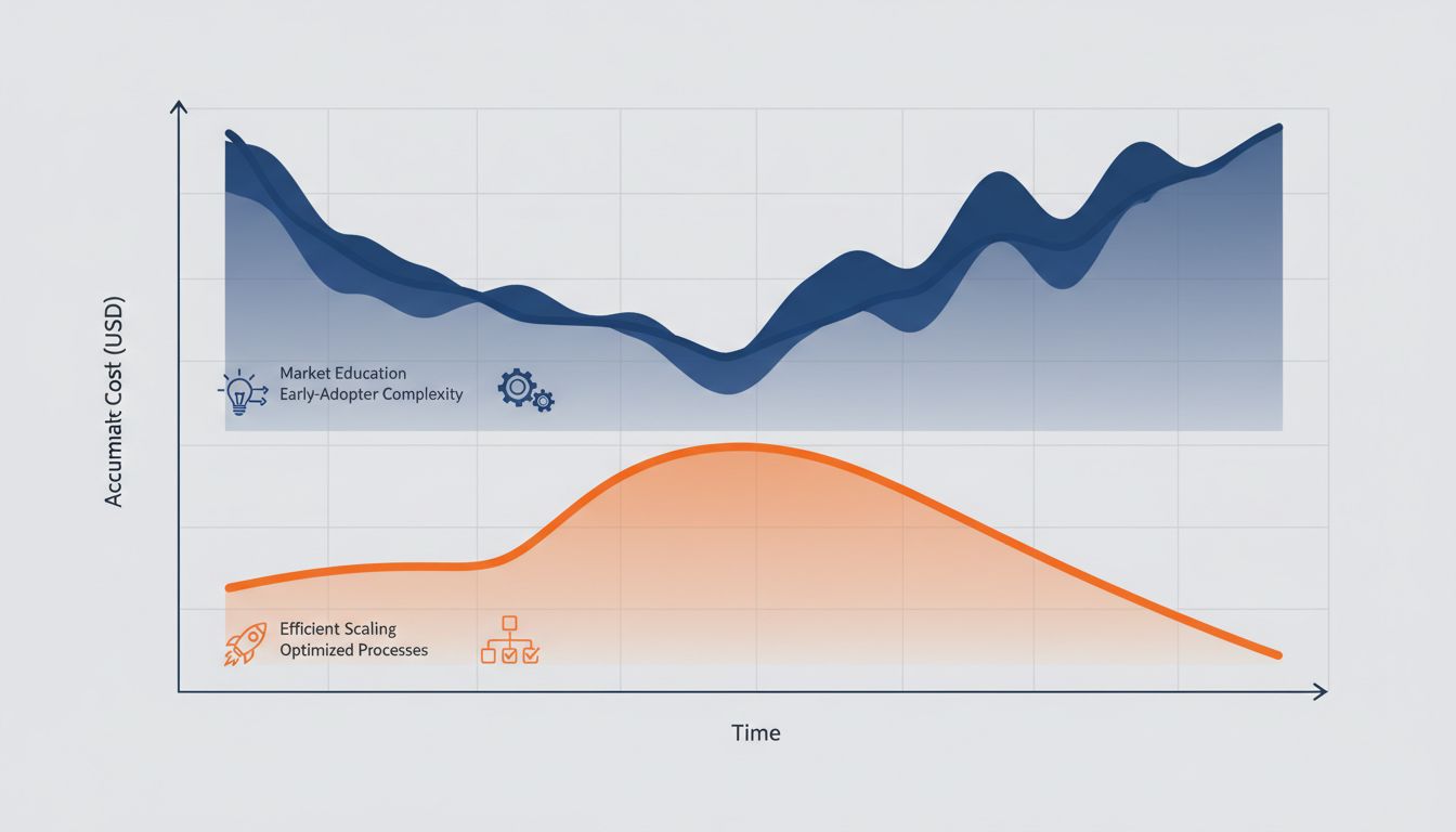 Diagram comparing cost curves of a category pioneer versus a second entrant over time